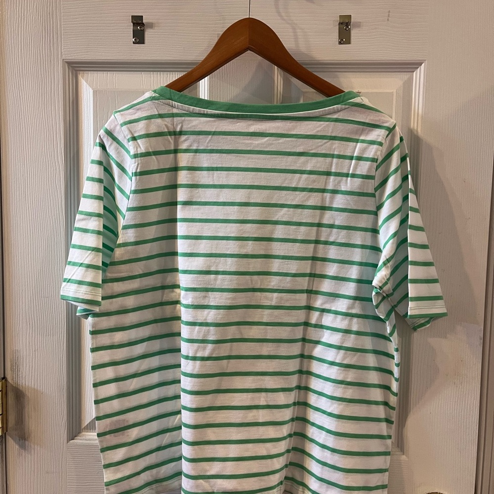 Women’s Land’s End Green Striped Elbow Sleeve Boat neck shirt - Picture 2 of 4